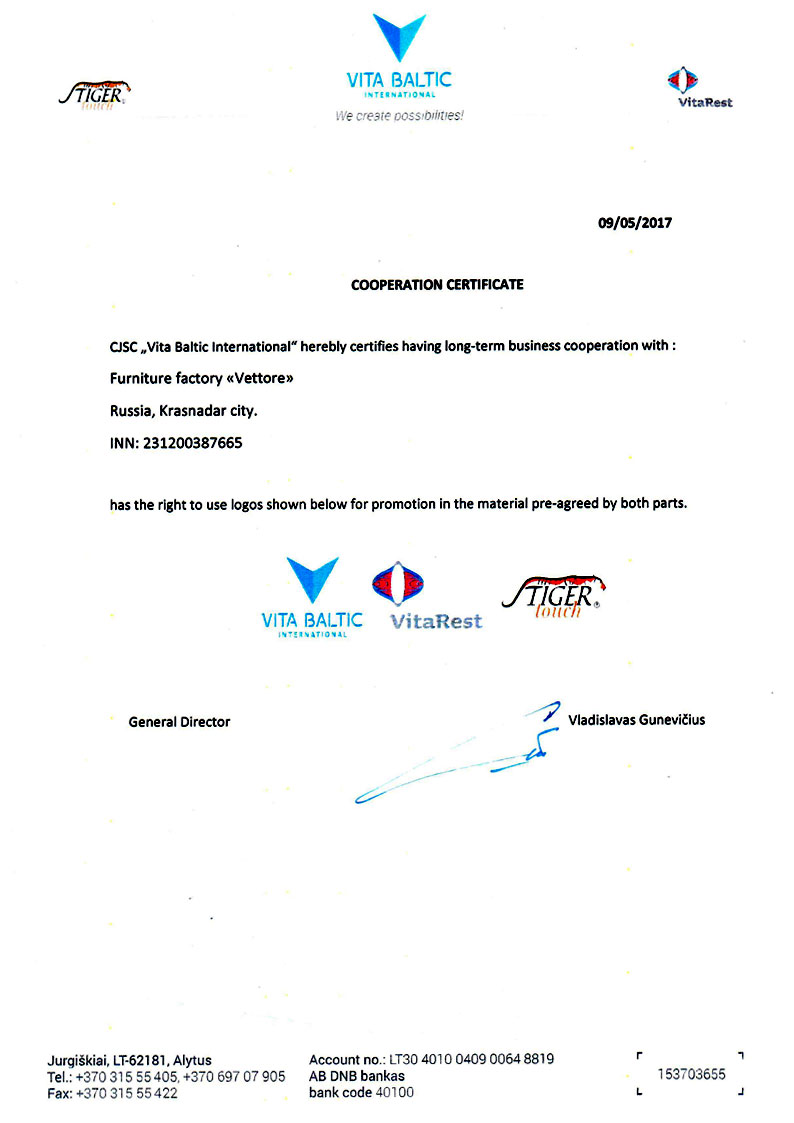 VITA BALTIC Cooperation certificate, 09.05.2017 